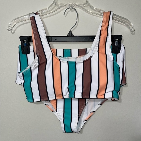 SHEIN Colorful Striped High Waisted Bikini Swimsuit Size Large - Picture 2 of 11
